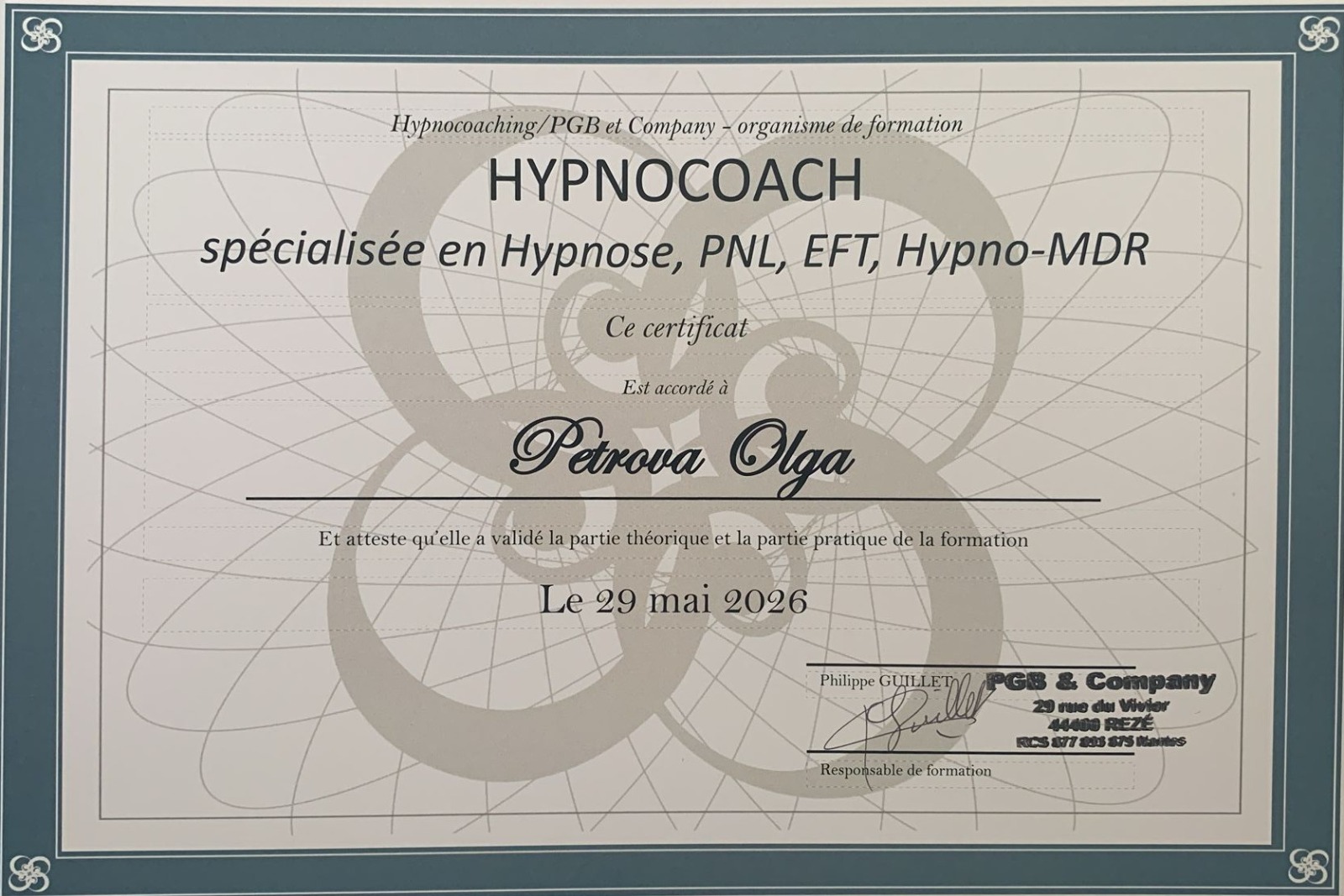 Diplôme : Hypnocoach, spécialisée en Hypnose, PNL, EFT, Hypno-MDR